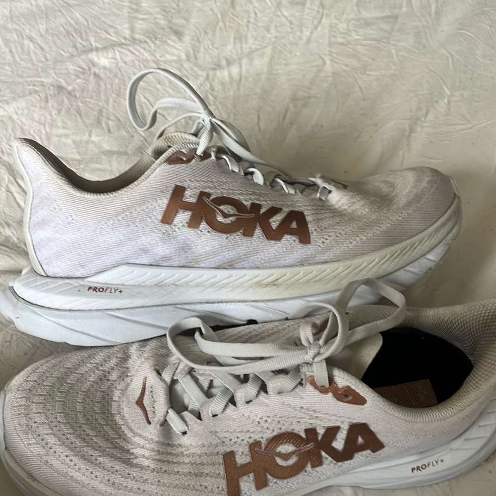 Hoka White and Tan Athletic Shoes
